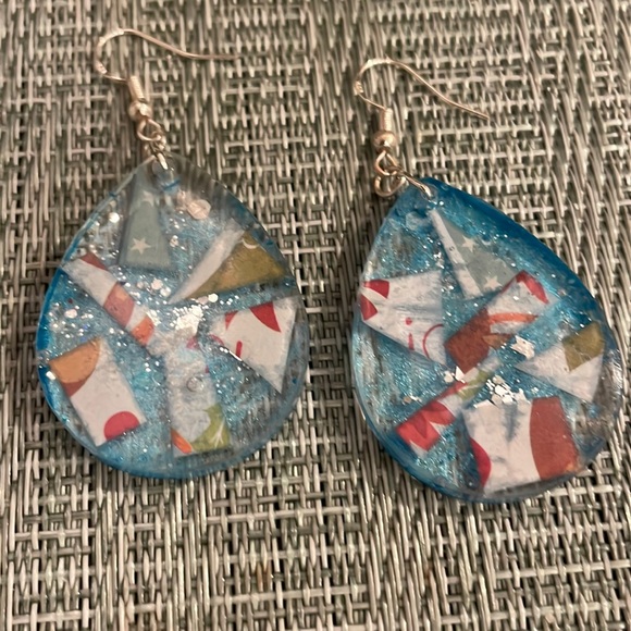 XMAS Festive Handmade Medium Holiday Earrings Blue Teardrop - Picture 3 of 9